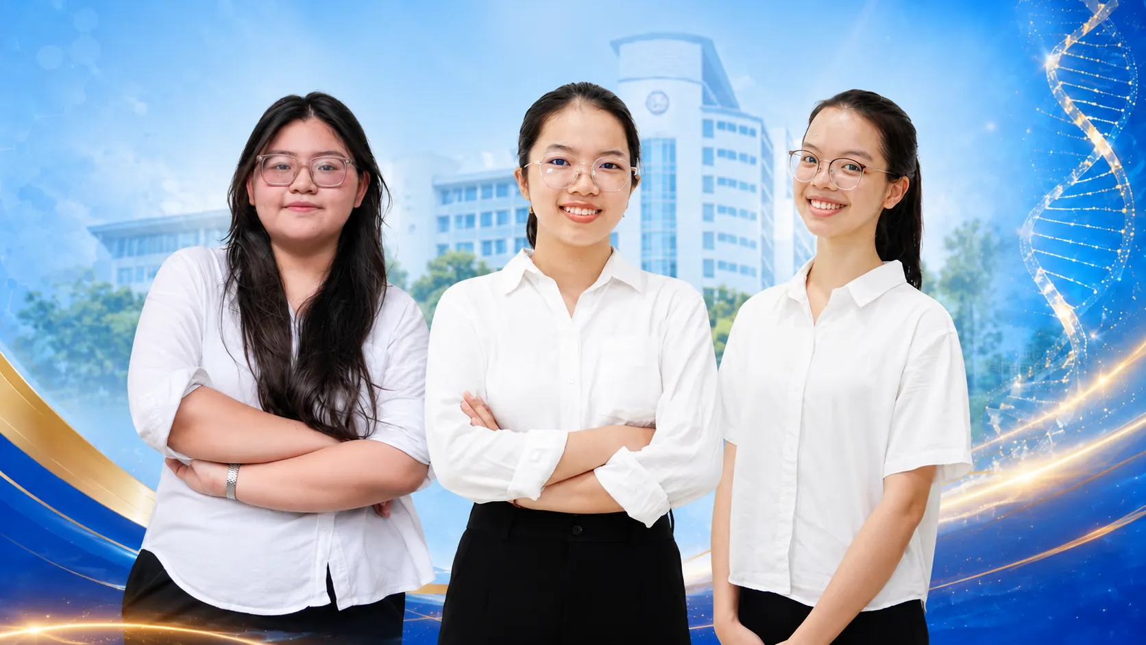 Ba thủ khoa ngành y khoa của Trường đại học Y Dược TP. Hồ Chí Minh có điểm thi tốt nghiệp THPT 30/30, gồm Đinh Ngọc Hải Lam, Huỳnh Diễm My và Nguyễn Lê Yến Nhi (từ trái qua) được nhà trường tuyên dương, khen thưởng - Ảnh: Huỳnh Như - TTO