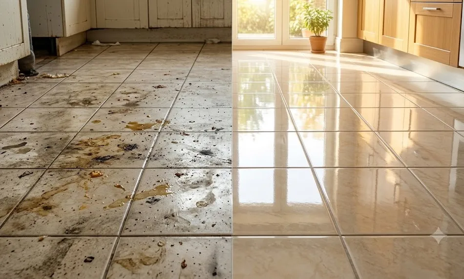 Cách tẩy sạch dầu mỡ bám trên sàn nhà nhanh và hiệu quả