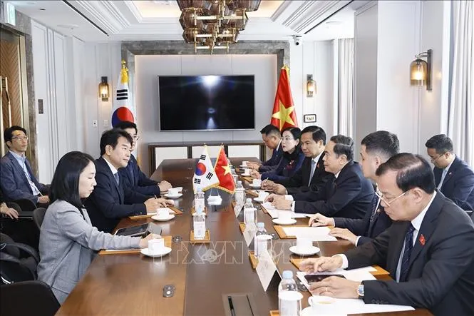 Chủ tịch Quốc hội Trần Thanh Mẫn tiếp Chủ tịch Nhóm Nghị sĩ Hữu nghị Hàn Quốc - Việt Nam Moon Jin-seok. Ảnh: Doãn Tấn/TTXVN