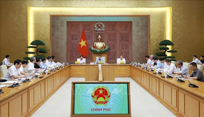 Thủ tướng Lê Minh Hưng chủ trì họp về dự án Luật sửa đổi, bổ sung một số điều của Luật Đất đai; Luật Nhà ở và Luật Kinh doanh bất động sản. Ảnh: Dương Giang/TTXVN
