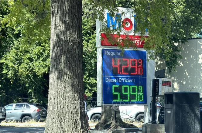 Bảng giá xăng và dầu diesel bán lẻ tại một cây xăng ở trung tâm thủ đô Washington, D.C. (Mỹ) chiều 7/9/2026. Ảnh: Ngọc Quang – PV TTXVN tại Mỹ