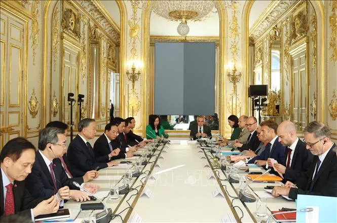 Tổng Bí thư, Chủ tịch nước Tô Lâm và Tổng thống Pháp Emmanuel Macron hội đàm (Ảnh: Thống Nhất/TTXVN)
