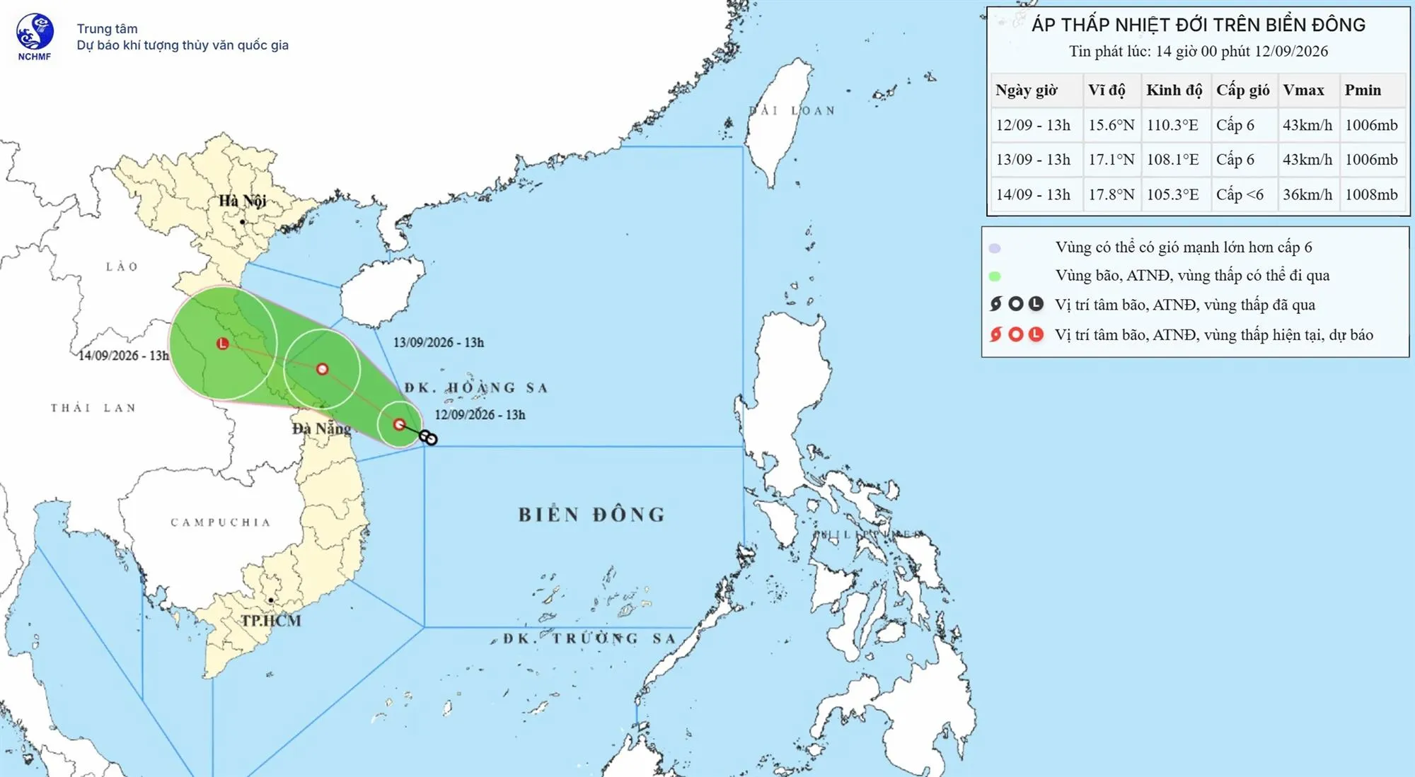 Bản đồ dự báo đường đi của áp thấp nhiệt đới khả năng đổ bộ Quảng Trị - Ảnh: NCHMF