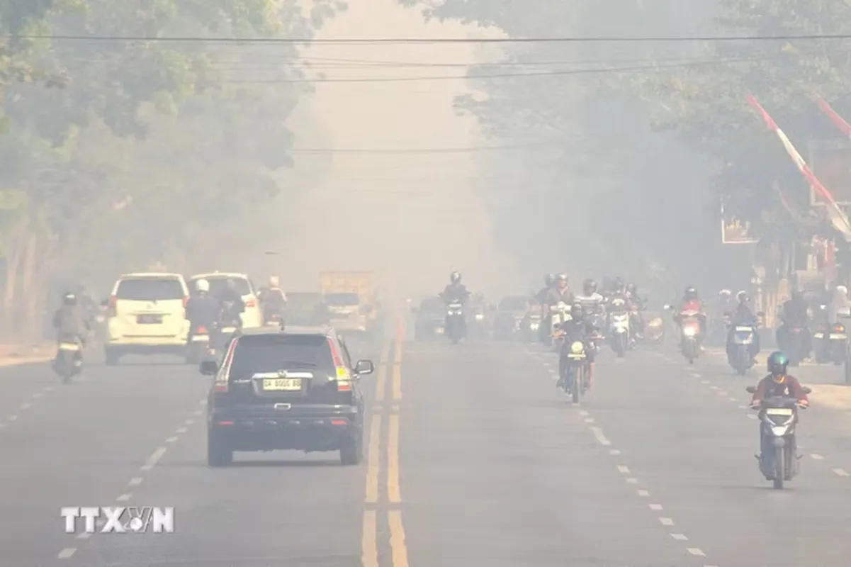 Khói mù dày đặc bao phủ tại Palangka Raya, Trung Kalimantan, Indonesia - Ảnh THX-TTXVN phát