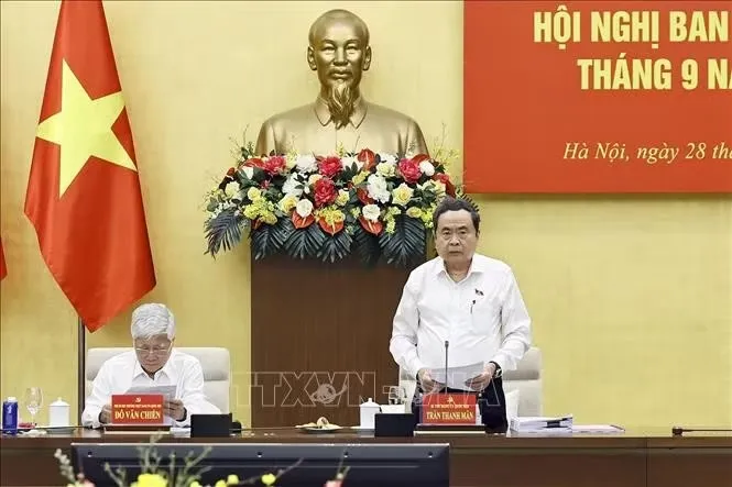 Uỷ viên Bộ Chính trị, Bí thư Đảng uỷ Quốc hội, Chủ tịch Quốc hội Trần Thanh Mẫn phát biểu. Ảnh: Doãn Tấn/TTXVN