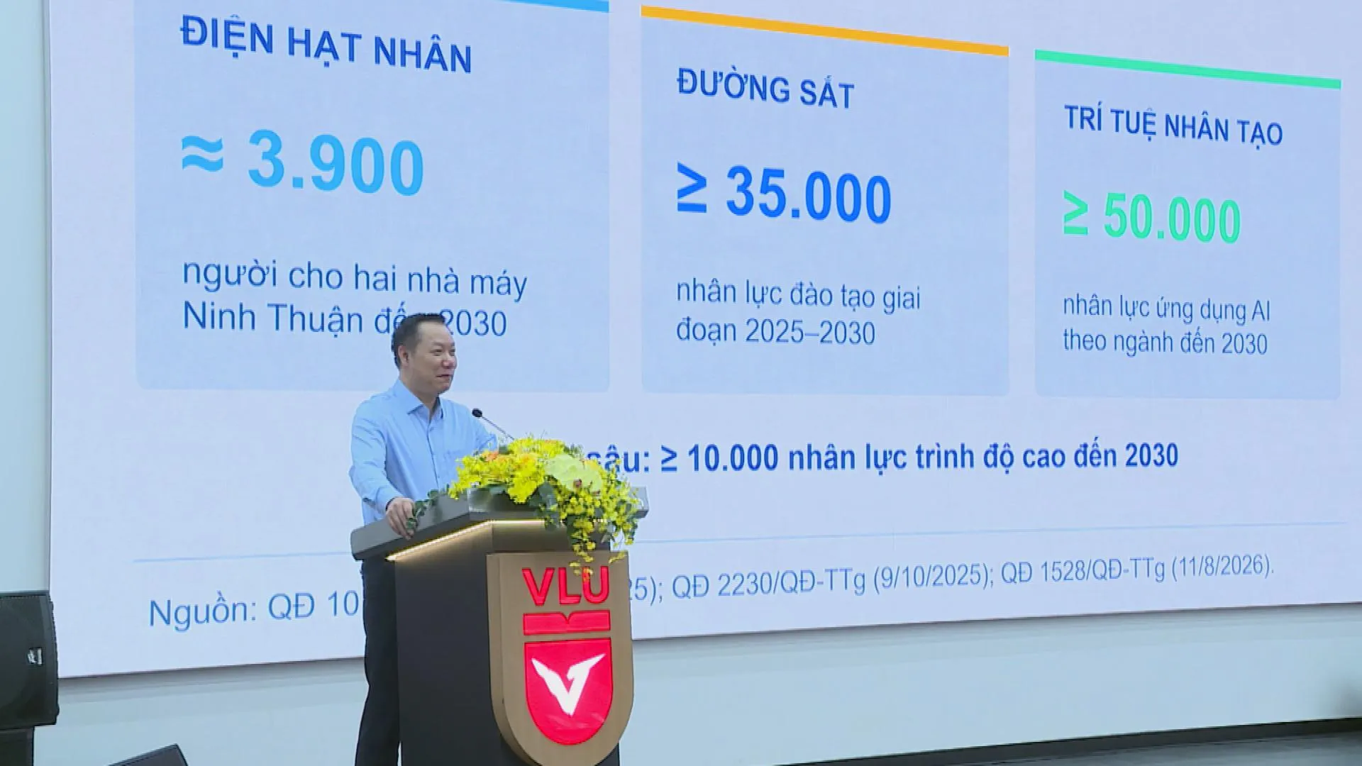 Đại biểu trình bày báo cáo về nhu cầu nhân lực chất lượng cao trong các ngành công nghệ mới nổi như Điện hạt nhân, Đường sắt và Trí tuệ nhân tạo (A.I.) giai đoạn đến năm 2030