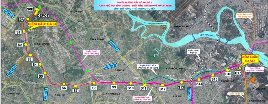 Sơ đồ dự kiến hướng tuyến của tuyến metro số 1 thành phố mới Bình Dương - Suối Tiên qua địa bàn 7 phường của TP. Hồ Chí Minh - Ảnh: TTO