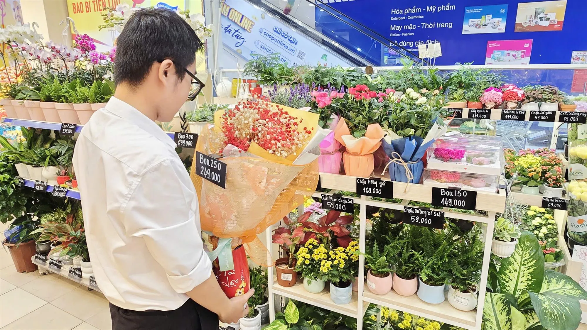 Các kiểu gói hoa chậu đến bó hoa được gói rất đẹp và mức giá phải chăng đang có sẵn tại hệ thống Co.opmart sẵn sàng phục vụ khách hàng