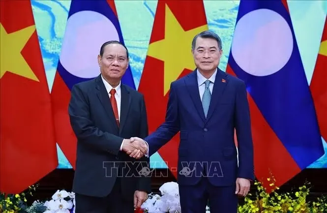 Thủ tướng Lê Minh Hưng tiếp đồng chí Vilay Lakhamfong, Thường trực Ban Bí thư Trung ương Đảng Nhân dân Cách mạng Lào. Ảnh: Dương Giang/TTXVN