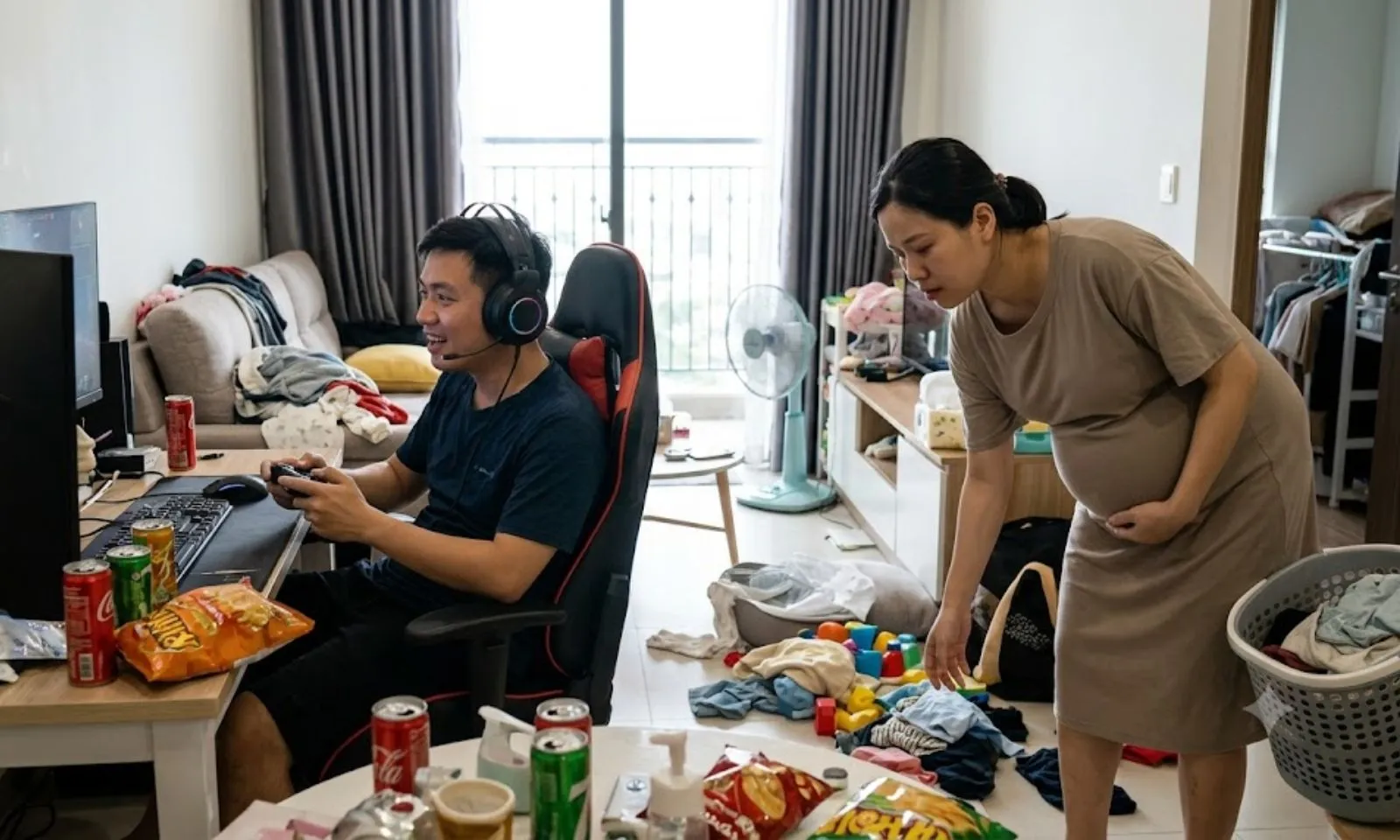 Chồng mê game mặc vợ vác bụng bầu làm việc
