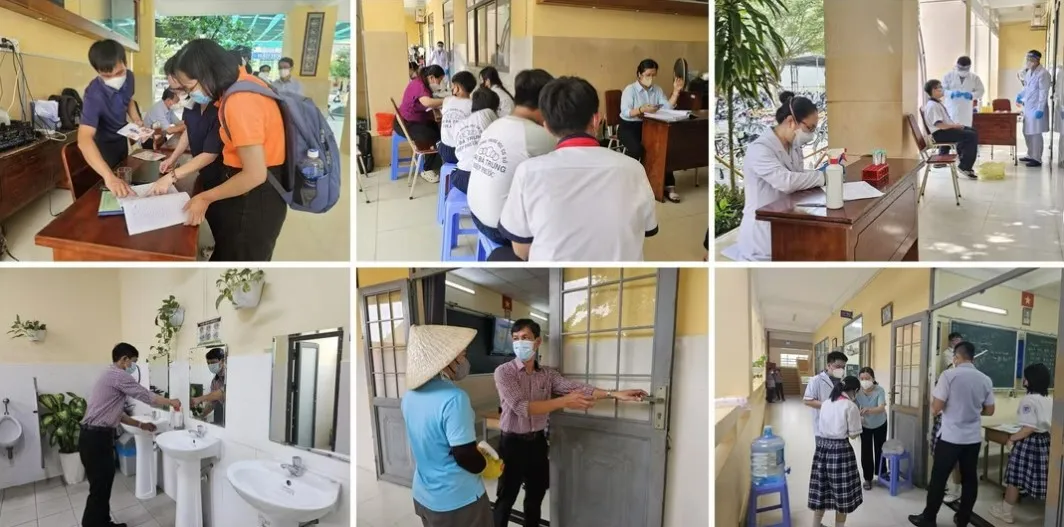 HCDC phối hợp Trạm Y tế xã Hiệp Phước và nhà trường triển khai điều tra dịch tễ, theo dõi người tiếp xúc, lấy mẫu xét nghiệm, hướng dẫn vệ sinh - khử khuẩn và các biện pháp dự phòng tại trường học (Ảnh: SYT)