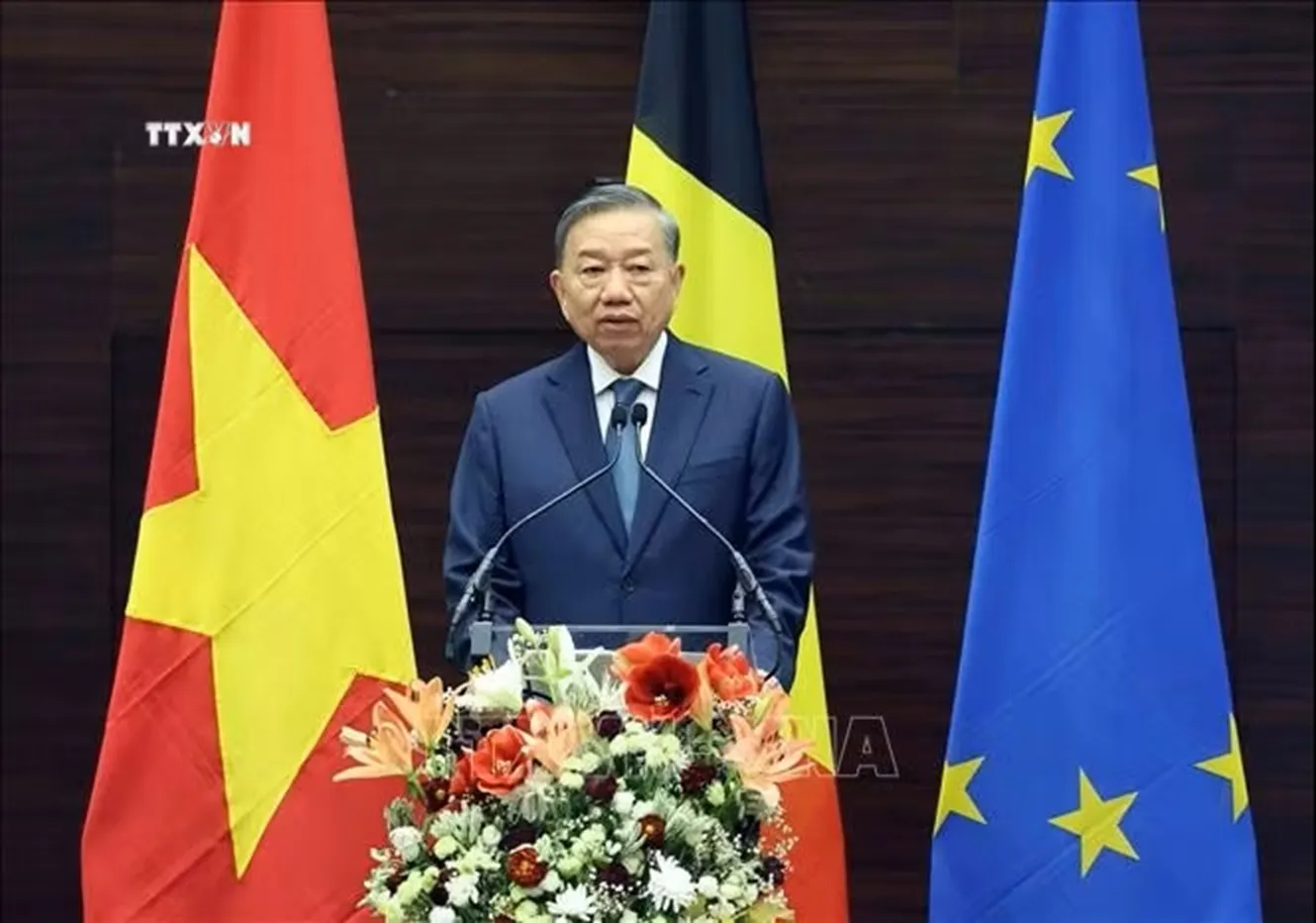 Tổng Bí thư, Chủ tịch nước Tô Lâm phát biểu chính sách tại Viện Quan hệ quốc tế Hoàng gia Egmont. Ảnh: Thống Nhất/TTXVN