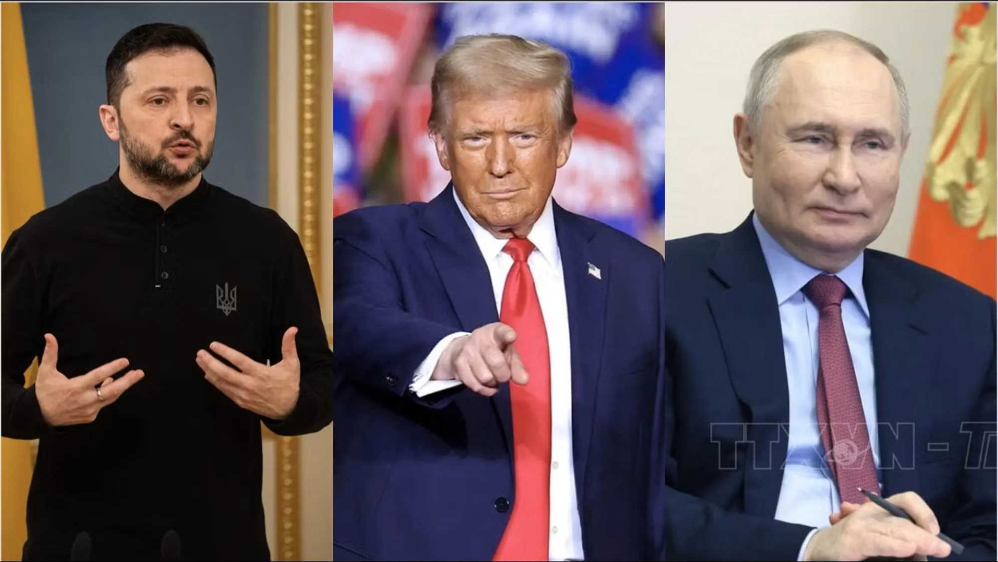 Tổng thống Ukraine Volodymyr Zelensky (ngoài cùng, trái), Tổng thống Mỹ Donald Trump (giữa) và Tổng thống Liên bang Nga Vladimir Putin. Ảnh: Anadolu, Getty Images, AFP/TTXVN