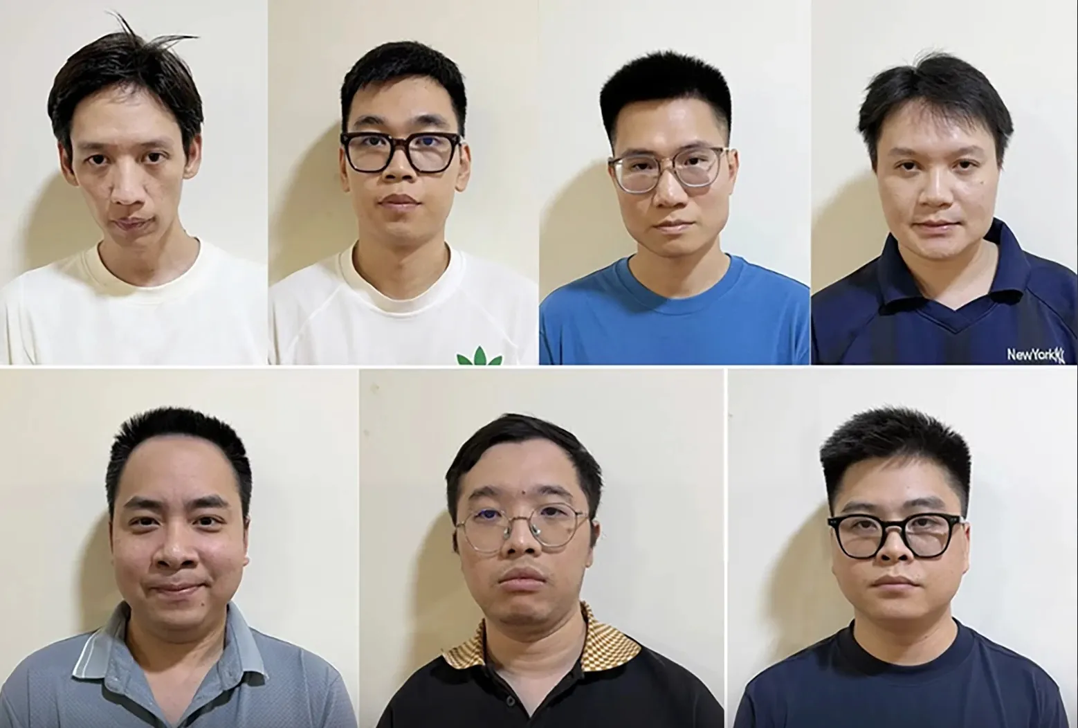 Các bị can Khoa, Trung Anh, Xuân, Thanh (hàng trên) và Toàn, Luân, Duy (hàng dưới, từ trái qua) - Ảnh: Công an cung cấp