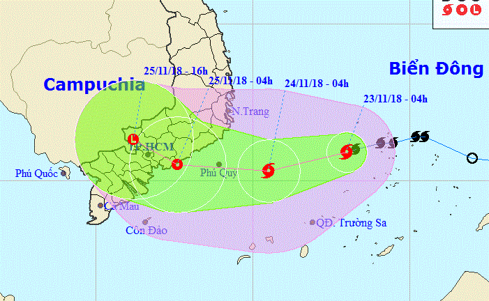 Bão số 9 chỉ còn cách đất liền các tỉnh từ Ninh Thuận đến Bà Rịa-Vũng Tàu khoảng hơn 400km