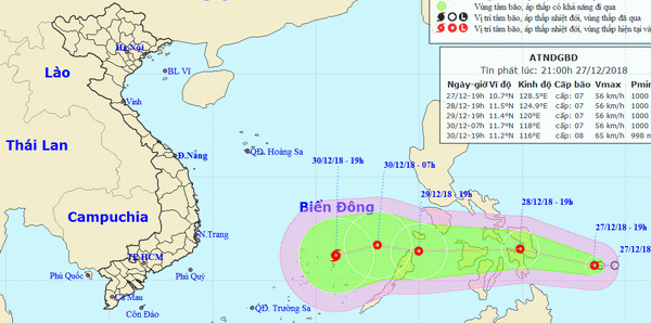 Khả năng áp thấp nhiệt đới đi vào Biển Đông vào ngày 30/12/2018