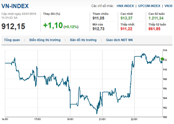 Thị trường chứng khoán 22/1/2019: Vn-Index tiếp tục duy trì sắc xanh