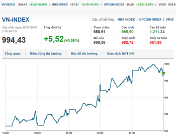 Thị trường chứng khoán 25/2/2019: Dòng tiền lan tỏa, Vn-Index vượt 995 điểm