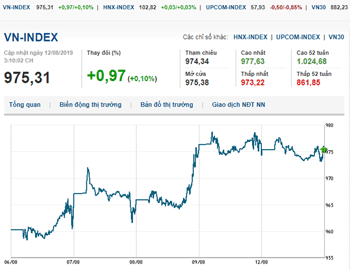 Thị trường chứng khoán 12/8/2019: Bluechips bứt phá, VN-Index lấy lại mốc 975 điểm