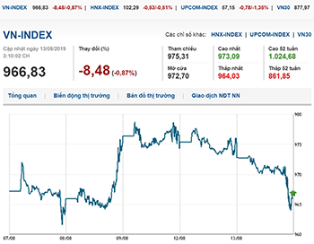 Thị trường chứng khoán 13/8/2019: VN-Index lùi về dưới mốc 970 điểm