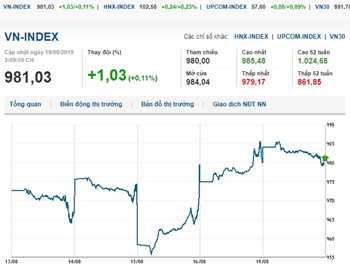 Thị trường chứng khoán 19/8/2019: VN-Index tăng nhẹ, vượt ngưỡng 980 điểm
