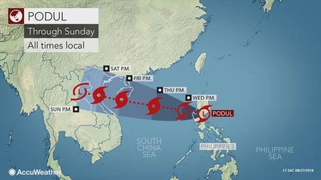 Bão Podul có thể “đổ bộ” vào Trung Quốc và Việt Nam vào cuối tuần này