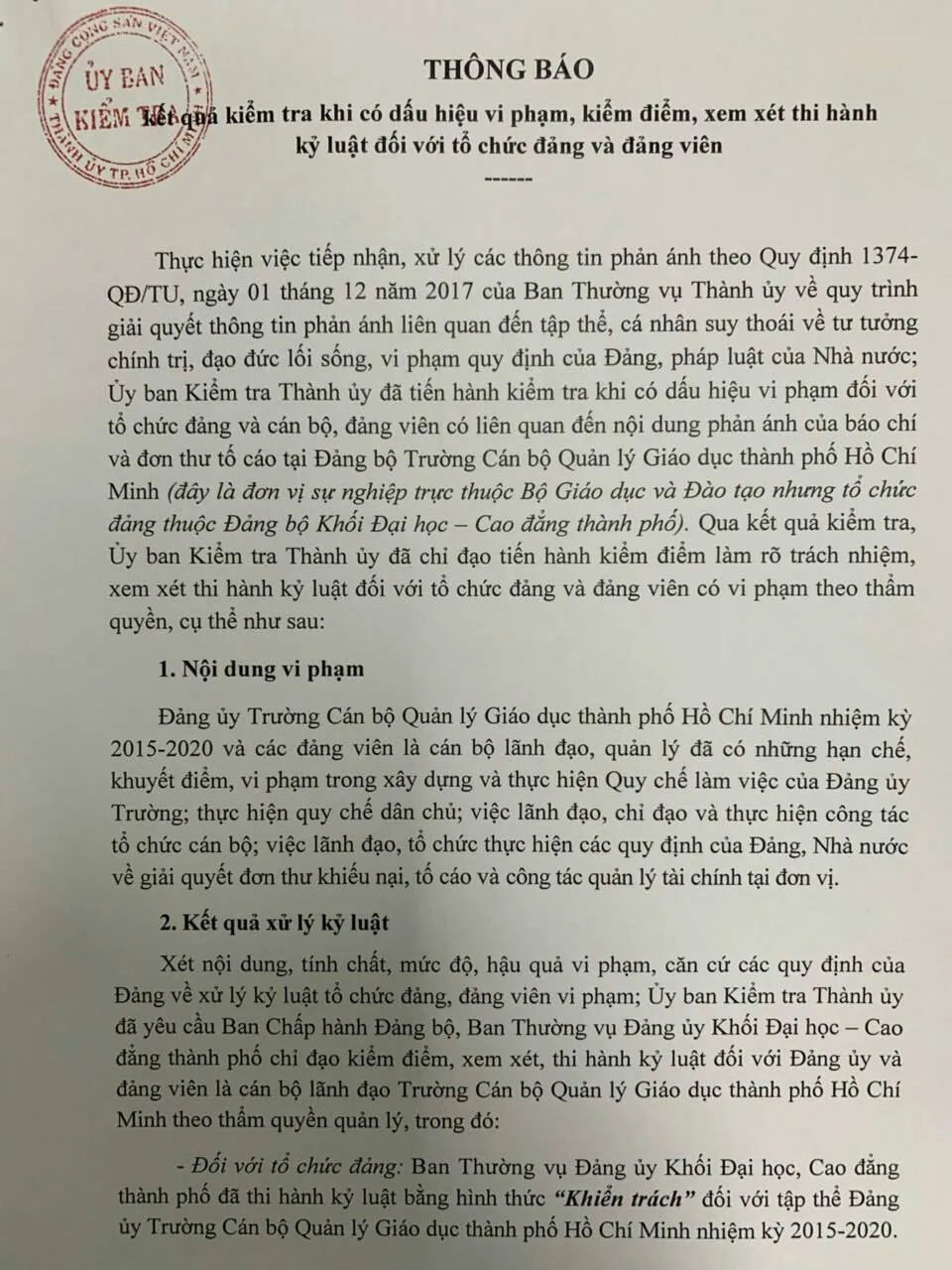 Kỷ luật Đảng ủy, lãnh đạo Trường Cán bộ Quản lý Giáo dục TP HCM