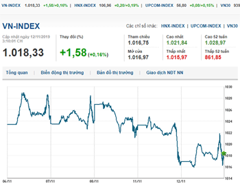 Thị trường chứng khoán 12/11/2019: VN-Index vẫn dưới mốc 1.020 điểm dù tăng nhẹ