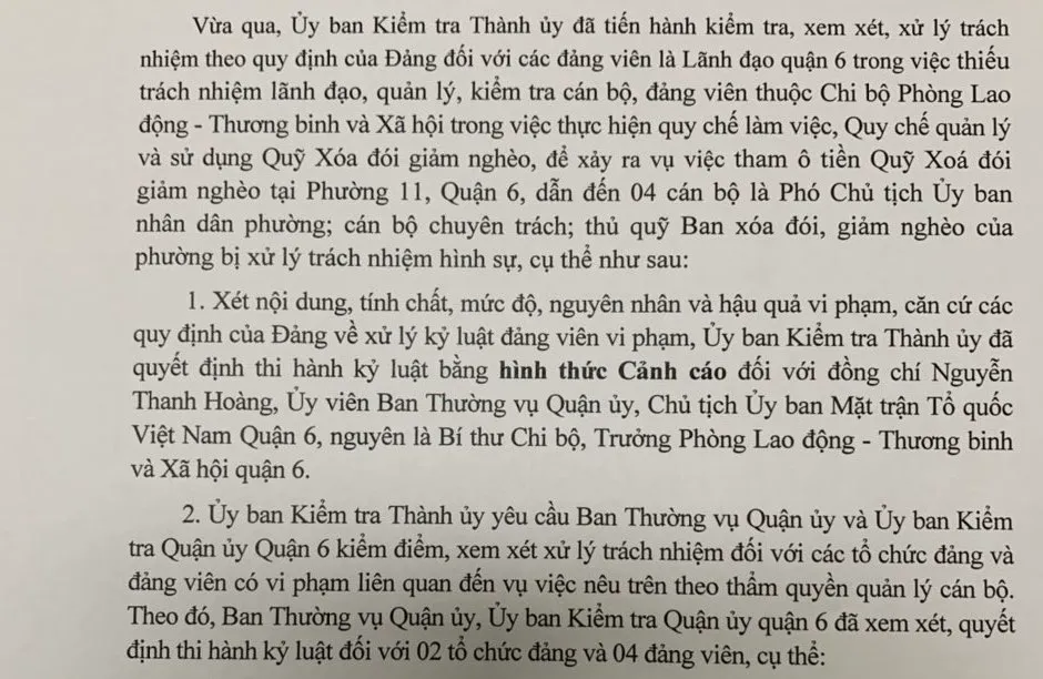 Thi hành kỷ luật đối với 2 tổ chức Đảng và 5 đảng viên tại Đảng bộ Quận 6