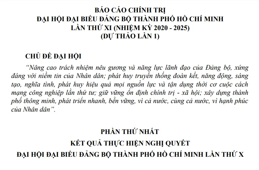 Dự thảo (lần 1) báo cáo chính trị Đại hội Đại biểu Đảng bộ TPHCM lần thứ XI, nhiệm kỳ 2020 - 2025