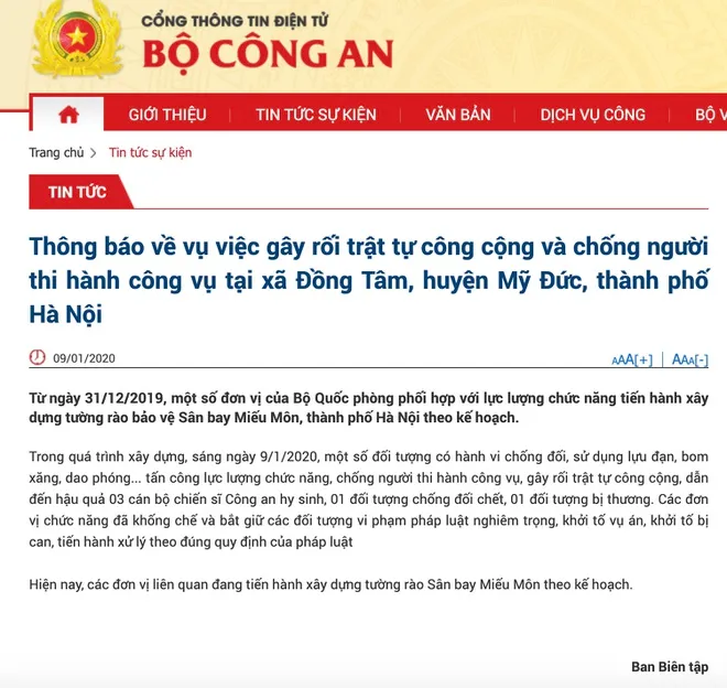 Thông báo về vụ việc gây rối trật tự công cộng và chống người thi hành công vụ tại xã Đồng Tâm