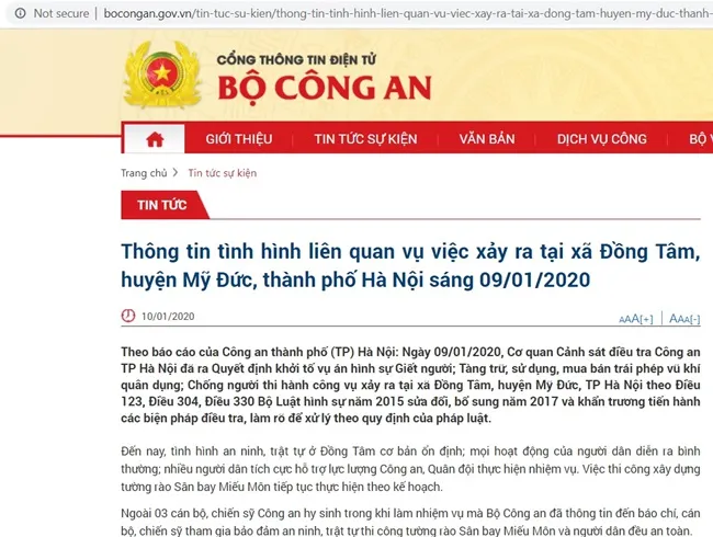 Thông tin tình hình liên quan vụ việc xảy ra tại xã Đồng Tâm, huyện Mỹ Đức, thành phố Hà Nội