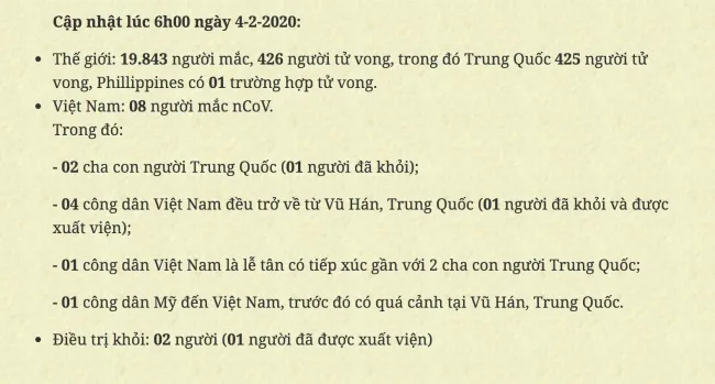 Dịch bệnh do virus corona ngày 4/2: Số người chết tăng lên 426 người