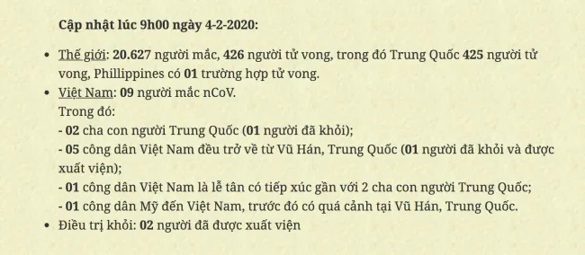 Dịch bệnh do virus corona ngày 4/2: Việt Nam có thêm 1 người dương tính với nCoV