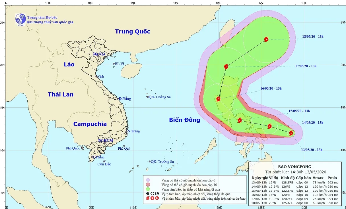 Bão Vongfong cách bờ biển miền Trung Philippines khoảng 400km về phía Đông