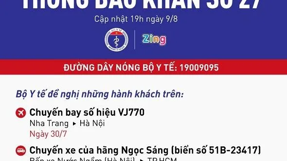 Khẩn: Tìm người đi máy bay VJ770 và nhà xe Ngọc Sáng từ Hà Nội vào TPHCM