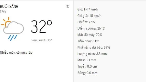 Dự báo thời tiết TPHCM hôm nay 17/8: Sáng nhiều mây, chiều có mưa