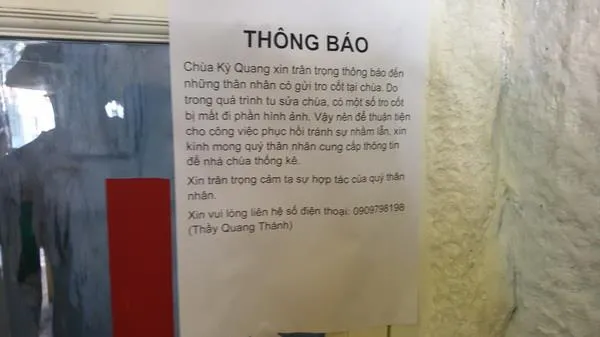 Chùa Kỳ Quang 2  sớm khắc phục sự việc tro cốt người dân gửi trong chùa