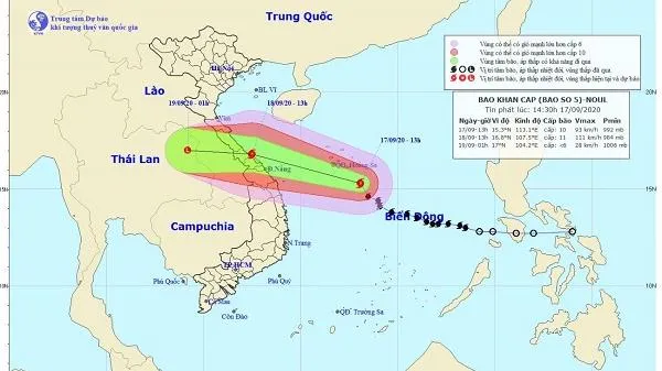 Trên đất liền các tỉnh Quảng Bình đến Quảng Nam từ đêm nay (17/9) có mưa bão