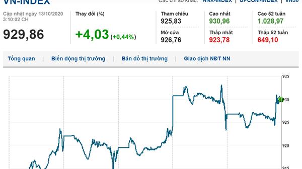 Thị trường chứng khoán 13/10/2020: VN-Index tăng nhẹ