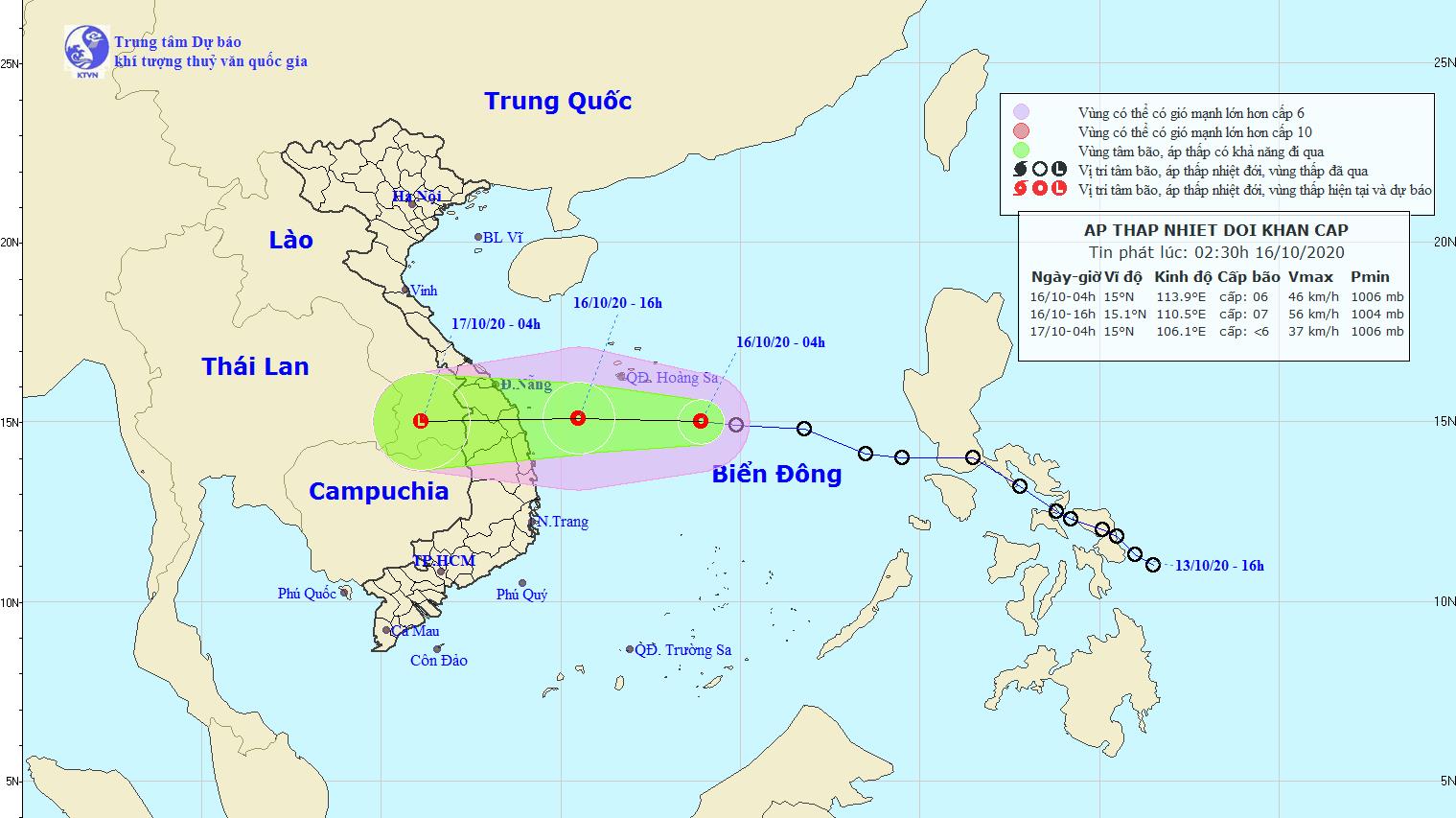 Áp thấp nhiệt đới cách quần đảo Hoàng Sa khoảng 300km về phía Đông Nam