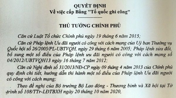 Cấp Bằng “Tổ quốc ghi công” cho 22 Liệt sĩ