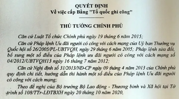 Cấp Bằng “Tổ quốc ghi công” cho 22 Liệt sĩ