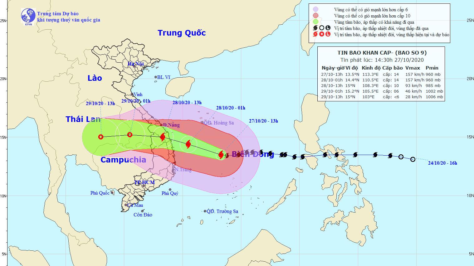 Bão số 9 mạnh cấp 14 cách Phú Yên 450km