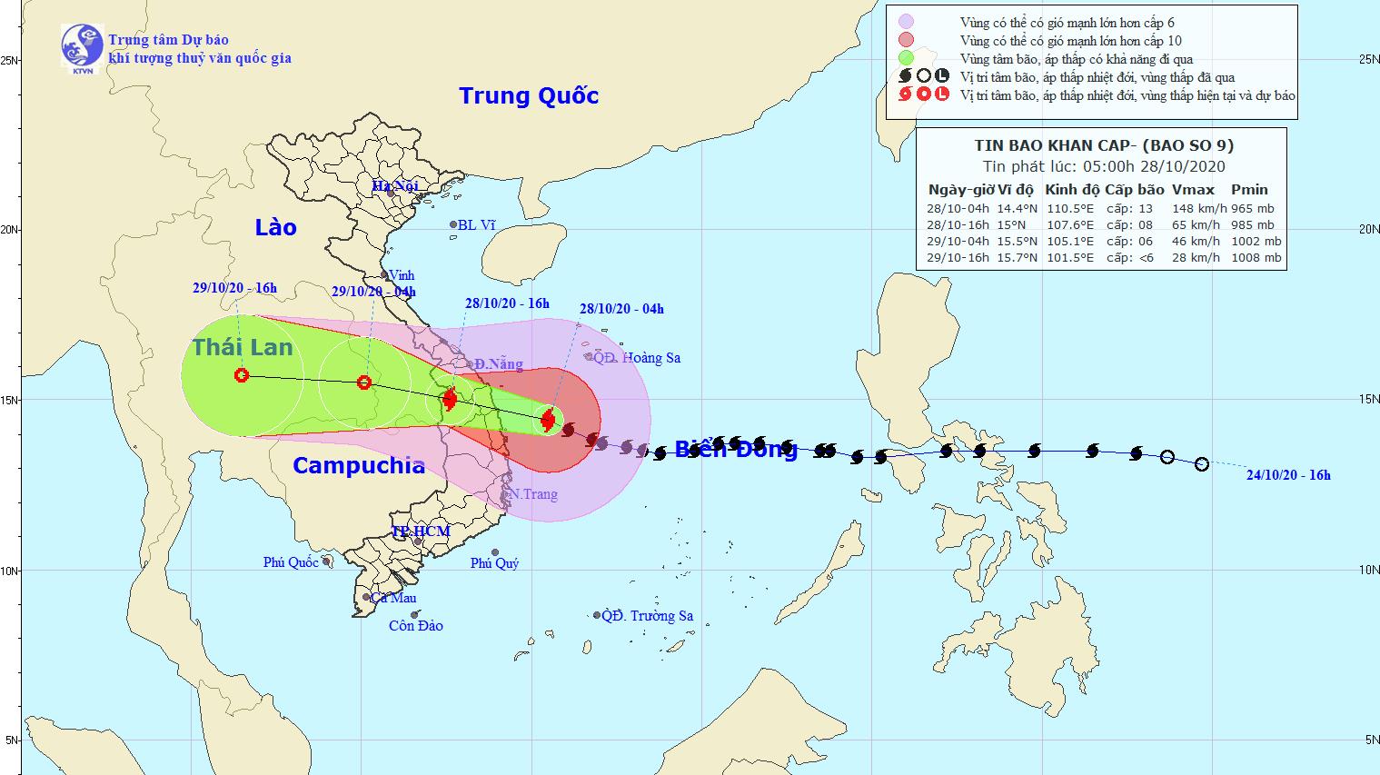 Bão số 9 mạnh cấp 13 đang trên vùng biển ngoài khơi các tỉnh/thành từ Đà Nẵng đến Phú Yên