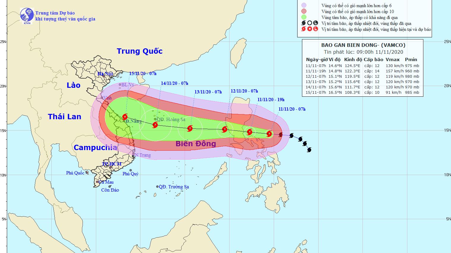 Bão Vamco sức gió mạnh cấp 12 di chuyển theo hướng Tây