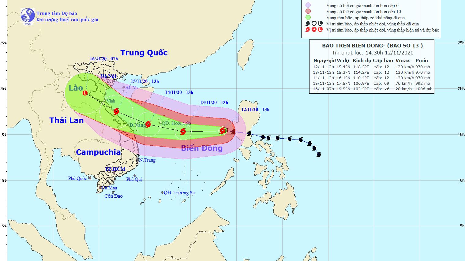 Bão số 13 mạnh cấp 12 cách quần đảo Hoàng Sa khoảng 700 km về phía Đông Nam