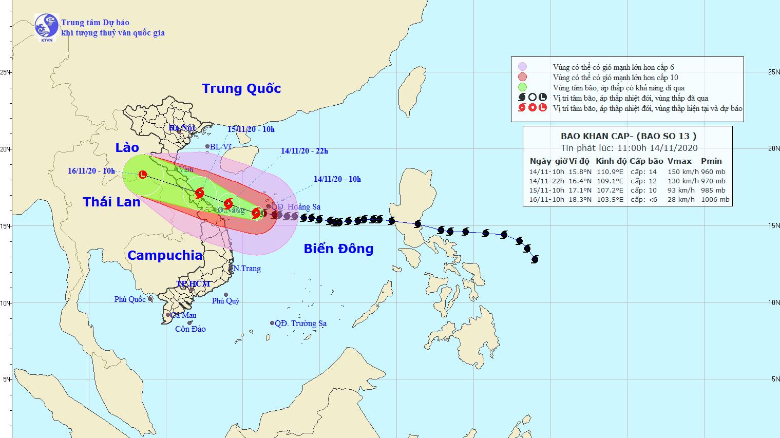 Đến ngày 15/11, tâm bão số 13 ngay trên vùng biển từ Hà Tĩnh đến Quảng Ngãi