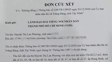 Đơn cứu xét việc UBND thị xã Trảng Bàng ra thông báo thu hồi đất