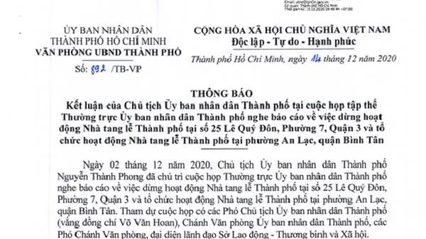 Dừng hoạt động Nhà tang lễ thành phố số 25 Lê Quý Đôn